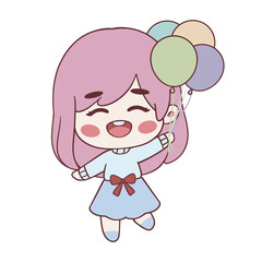 Isolated hand-drawn illustration of a cute girl holding colourful balloons and smiling happily suitable for use as a sticker with the theme of birthday parties, festivals, etc.