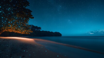 Serene Secluded Beach at Night with Bioluminescent Glow Illuminating the Shoreline Under a Starry Sky