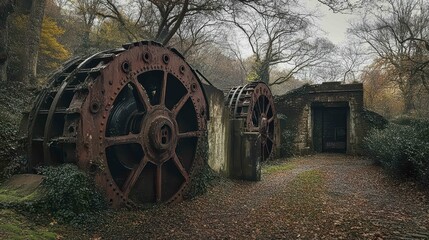 Fototapeta premium Abandoned industrial site with large rusted gears in a forest setting.