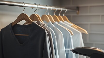 Obraz premium A Set of Freshly Ironed Clothes Hanging Neatly on Hangers in a Minimalistic Closet with a Steamer in Focus, Ideal for Wardrobe Organization and Home Decor Inspiration
