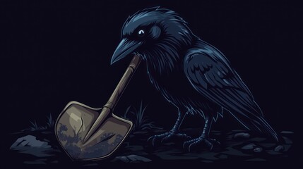 A raven holding a shovel, set against a dark background, suggesting themes of mystery or burial.