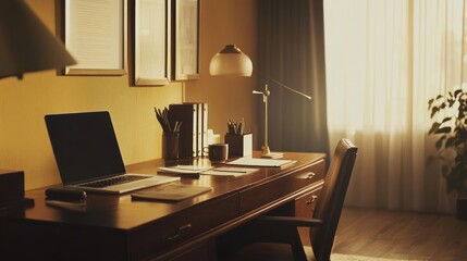 Sunlit Home Office Desk With Laptop And Documents