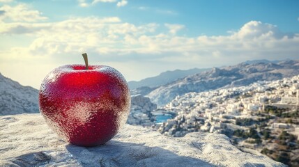 Red Apple on Rock Overlooking a City and Mountains