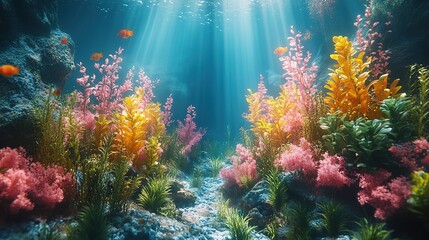 Fototapeta premium Sunlight shining into the deep blue sea, 3D rendering. Beautiful plants in natural marine environment