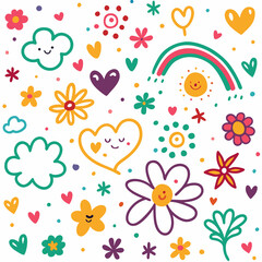 Cheerful illustration with hand-drawn flowers, hearts, clouds, sun, and rainbow on white background.