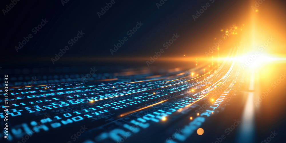 Poster binary code flowing through glowing hologram, creating dynamic visual