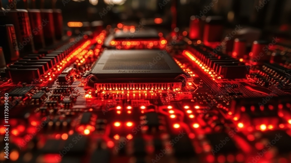 Aufkleber close-up of glowing microchip circuit board with red led lights, electronic technology background fo