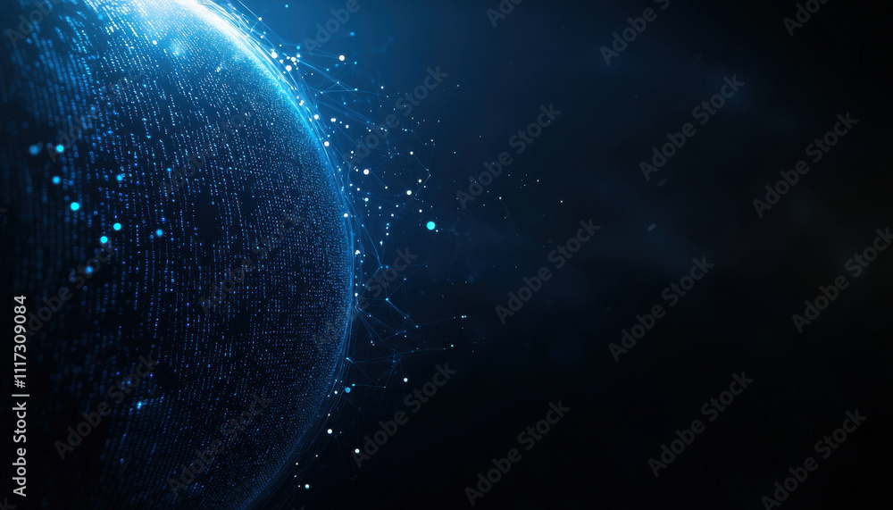 Poster Digital globe with flowing binary digits and glowing particles in space
