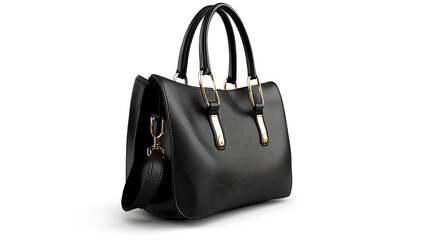 Naklejka premium A black purse with gold hardware sits on a white background