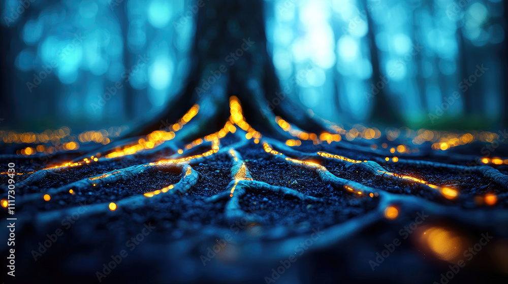 Poster a mystical tree with glowing roots in a serene forest setting at twilight.