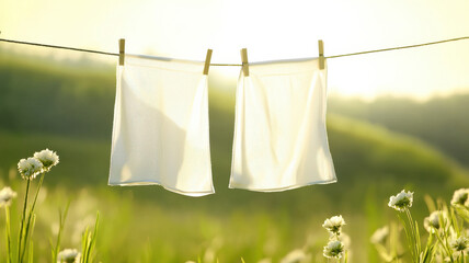Fresh white cloths sway gently on clothesline in sunny countryside