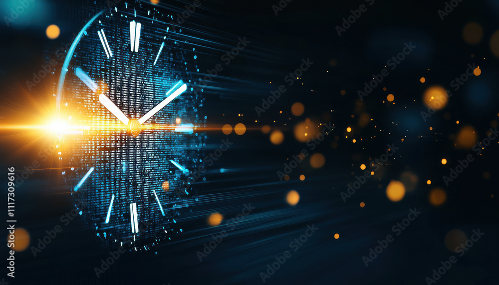 Poster digital clock with glowing lights representing urgency and time passing