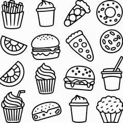 Line art icons of various fast food and desserts burgers, fries, pizza, donuts, cupcakes, soda.