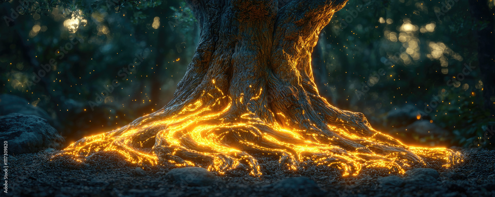 Poster a mystical tree with glowing roots in a serene forest setting.