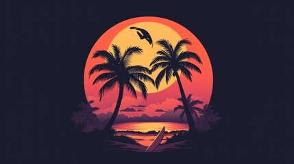 Naklejka premium A vibrant sunset scene with palm trees, a surfer, and a tranquil ocean view.