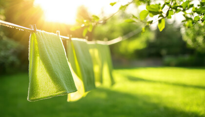 Freshly washed green towels hanging on line in sunny garden