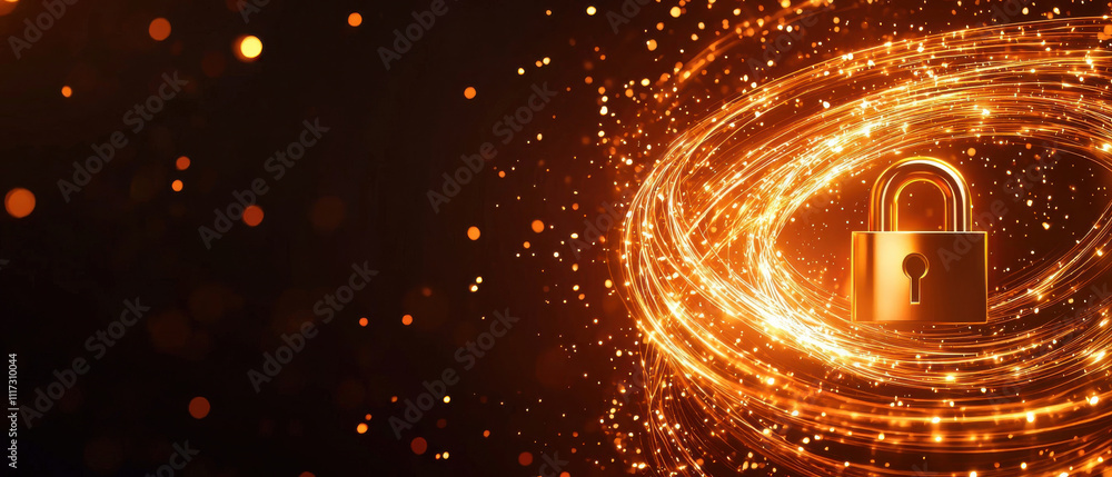 Poster golden padlock surrounded by glowing particles and data streams, symbolizing security