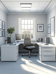 Modern minimalist home office with L-shaped desk, comfortable chair, and natural light.