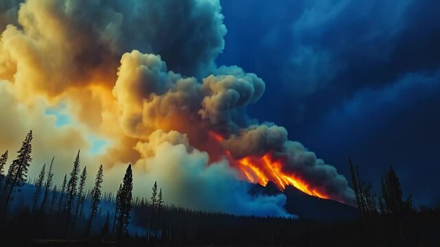 Pyrocumulus clouds forming above a large wildfire, towering high with dense smoke and ash.