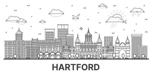 Obraz premium Outline Hartford Connecticut city skyline with modern and historic buildings isolated on white. Hartford USA cityscape with landmarks.