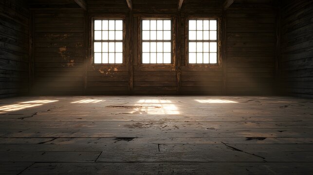Abandoned Interior of a Stockade with Faded Paint and Soft Sunlight Streaming Through Dusty Windows, Evoking a Sense of Isolation and History