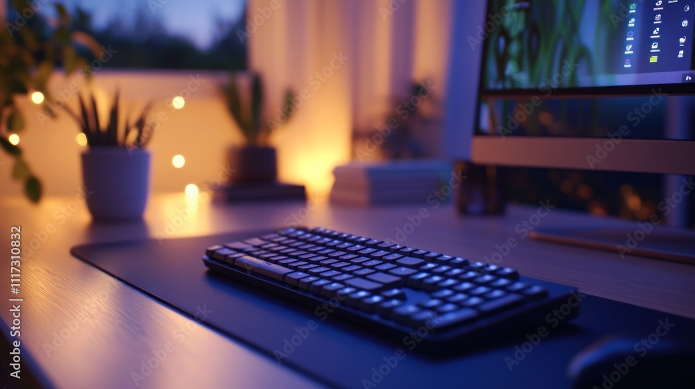 Poster illuminated keyboard on desk with plants and computer