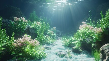 Sunlight shining into the deep blue sea, 3D rendering. Beautiful plants in natural marine environment