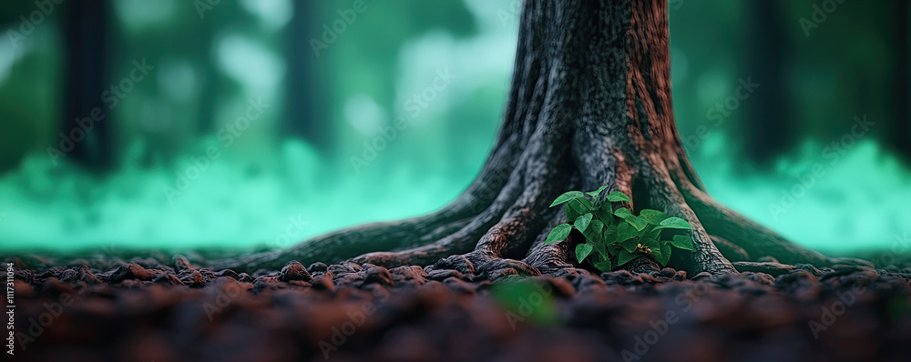 Poster a mystical view of a tree trunk surrounded by ethereal glowing fog and vibrant greenery.