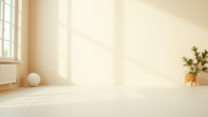Minimalist Room Interior with Sunlight Streaming Through Window and a Single Plant in a Pot