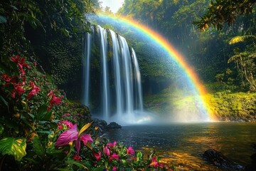 Scenic waterfall with rainbow in lush rainforest.