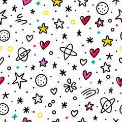 Seamless pattern with hand-drawn hearts, stars, planets, and doodles on white background.