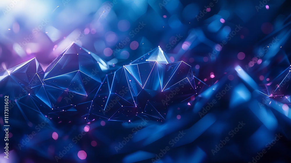 Poster dark blue abstract background with low poly geometric shapes for tech and sci-fi design.