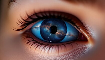 Naklejka premium Eye reflecting galaxy, symbolizing cosmic vision and imagination, detailed and surreal