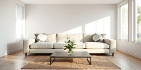 A minimalist living room with a white sofa, a wooden coffee table, and a vase of white flowers on a jute rug, with large windows letting in natural light.