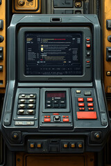 Retro futuristic control panel with screen displaying code.