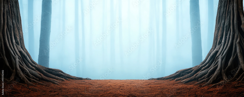 Poster a serene forest landscape with tall trees and mist, creating a calm atmosphere.