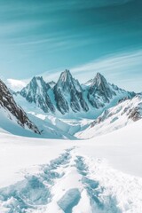 Snow-covered mountains with a clear blue sky and snowy pathway.