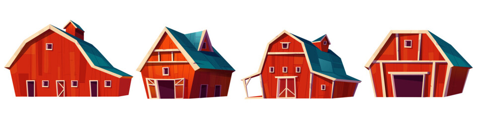 Red farm barns with roofs and windows, closed and open gates. Rustic wooden houses for cattle stable and harvest storage. Wood farmhouse for ranch landscape design. Cartoon vector agricultural homes.