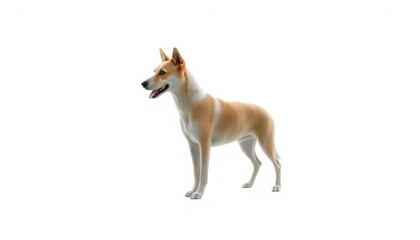 Tan and white dog standing on a white background, side view
