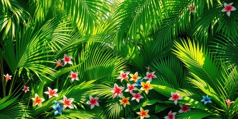 Tropical Floral Canopy Lush foliage creates a vibrant backdrop for delicate pink, white, and blue flowers peeking through the vibrant green leaves.