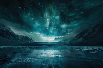 Fototapeta premium A stunning night sky over a serene icy landscape.