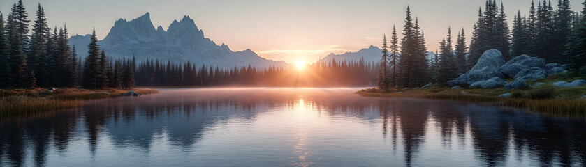 Fototapeta premium Serene sunrise over a mountain lake, reflecting the majestic peaks and tranquil forest.