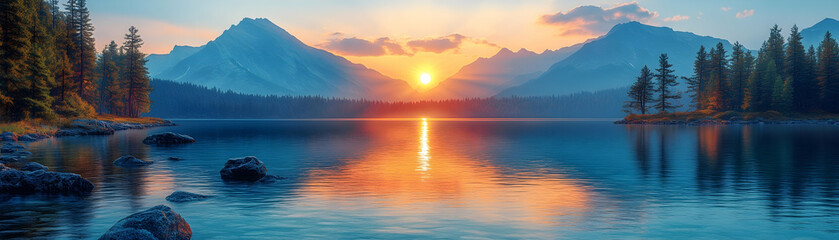 Fototapeta premium Serene sunset over tranquil lake and majestic mountains.