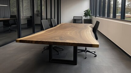 Large walnut live-edge table with black steel legs in an office setting