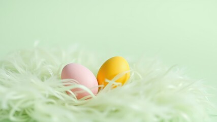 Fototapeta premium Two Easter eggs nestled in a bed of soft, fluffy white material on a pastel green background.