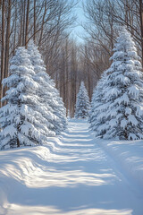 Fototapeta premium Snow-covered path between snow-laden evergreen trees in a winter forest.