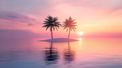 Two Palm Trees on a Small Island at Sunset