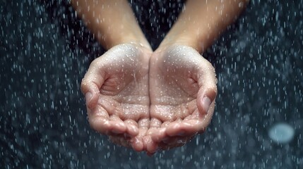 Fototapeta premium Hands cupped together in rain emotional expression outdoor close-up view nature's purity