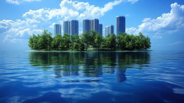 Esg fintech Water positive etf nature-based solutions Sustainable hospitality EcoVadis Bevi Blueground Tropical island with dense green trees surrounded by calm blue ocean city skyscrapers rising beh