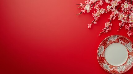 Red wall with peach blossoms and a decorative plate on the right side. Chinese new year concept.